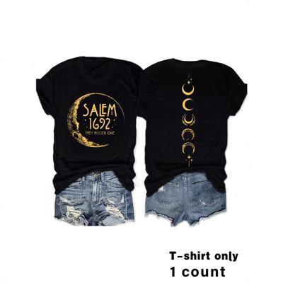 Damen Sommer Mond und Buchstaben Rundhals-Pullover Kurzarm-T-Shirt