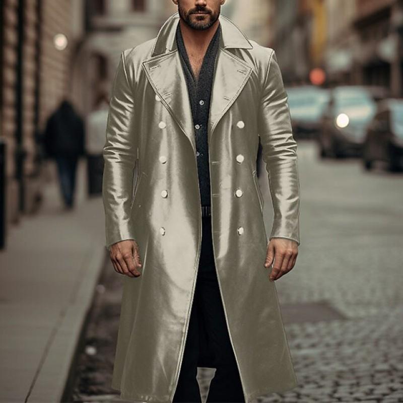 Pánský dlouhý trenčkot z PU kůže Oversized střih Dvouřadý Zimní svrchní oblečení Neformální oblečení