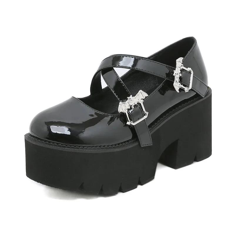 Fashion Black Gothic Platform Mary Jane Shoes for Women with Bat Buckle Chunky Heel Patent Leather Punk Cosplay Pumps Shoes Plus Size 43