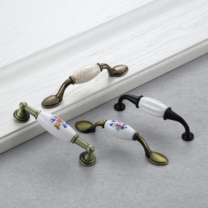 White Ceramic Pastoral Wardrobe and Cabinet Door Handle - Black Single Hole