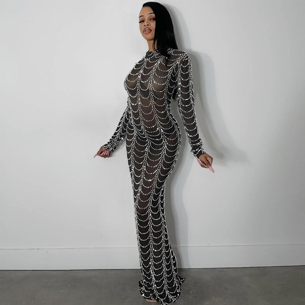 European and American Fashion Sexy Nightclub Hot Drilling Mesh See-through Long-sleeved Dress X5351