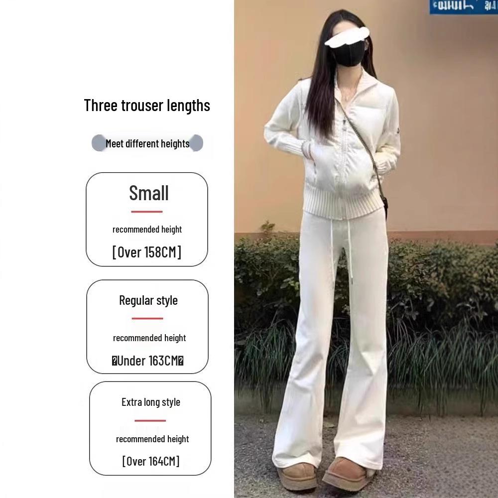 Petite High Waist Flare Sweatpants for Women - White/Grey, Slimming Horseshoe Design, Drawstring, American Style, Spring/Autumn.