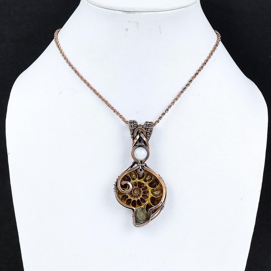 Ammonite Fossil 999 Copper Wire Wrapped Pendant, Handmade Gemstone Jewelry Pendant For Memorial Day