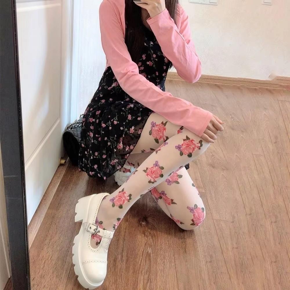 Medias Francesas Retro Semitransparentes Estampado de Rosas Malla Fina Cintura Alta Pantimedias de Malla Floral Primavera Verano