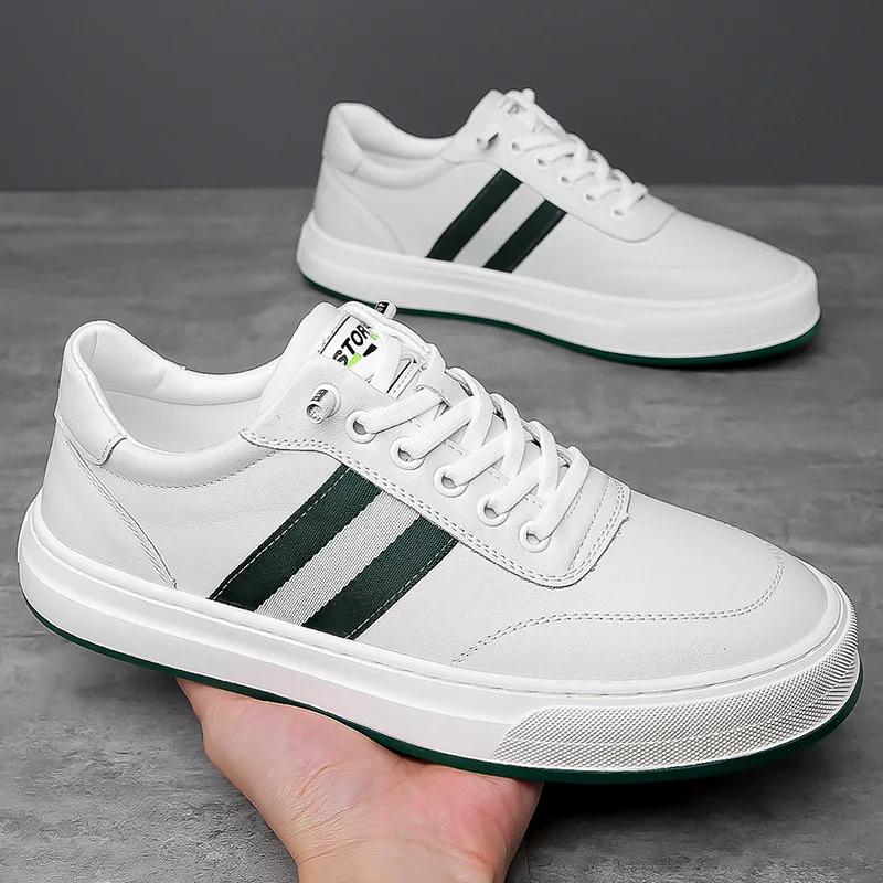 European Shoes for Men Genuine Leather Casual Shoes Spring Flat Skateboard Shoes Fashion Striped Sneaker