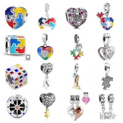 925 Silver Jigsaw Cube Compass Pendant Charm Bead For Women DIY Jewelry Fit Original Bracelet Girl Accessories