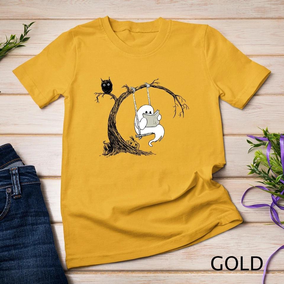 Cute Ghost swinging reading book Halloween ghost costume T-Shirt Unisex T-shirt 4 XL