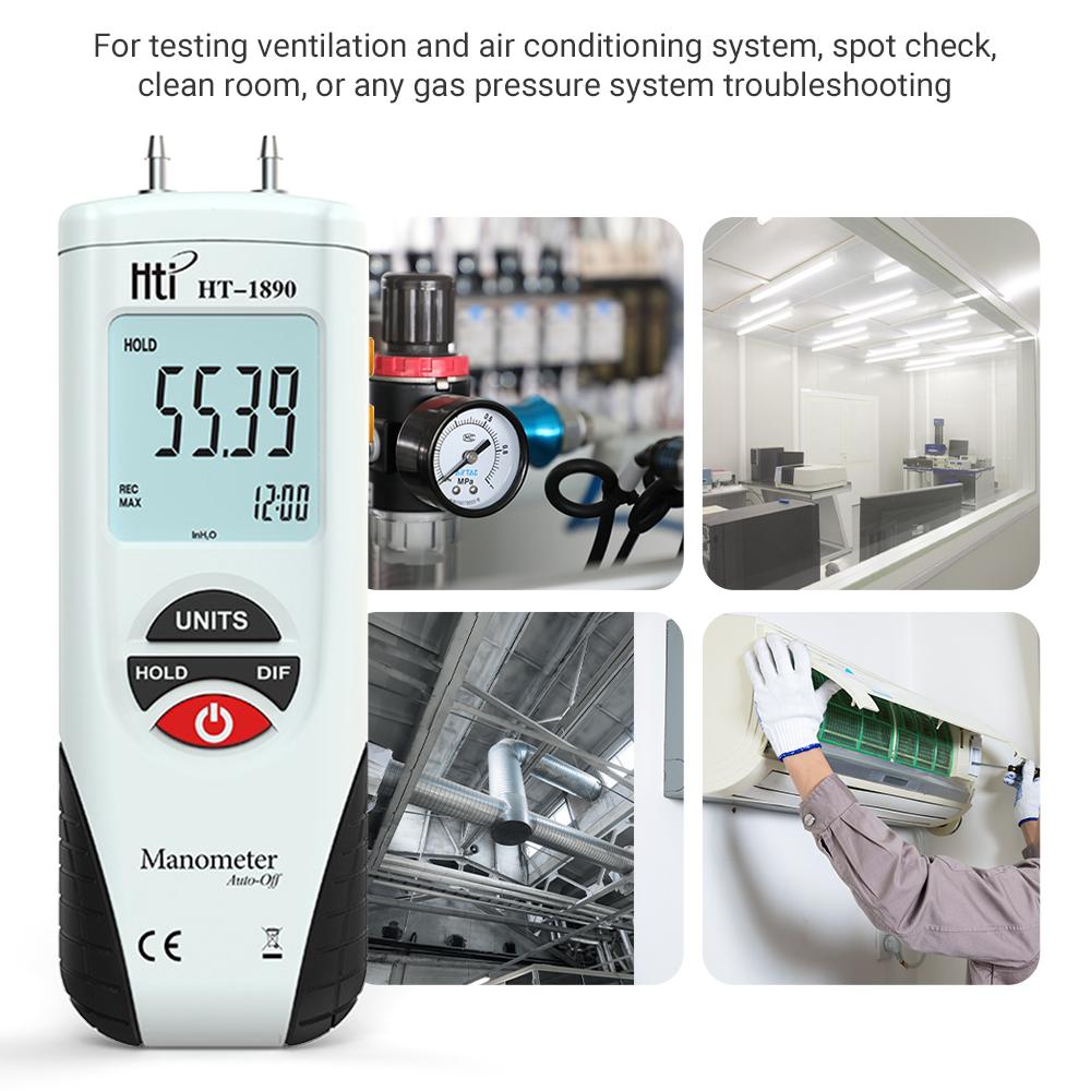 Hti LCD Mini Digital Manometer Differential Gauge Air Pressure Meter +  2Psi Data Hold 11 Units