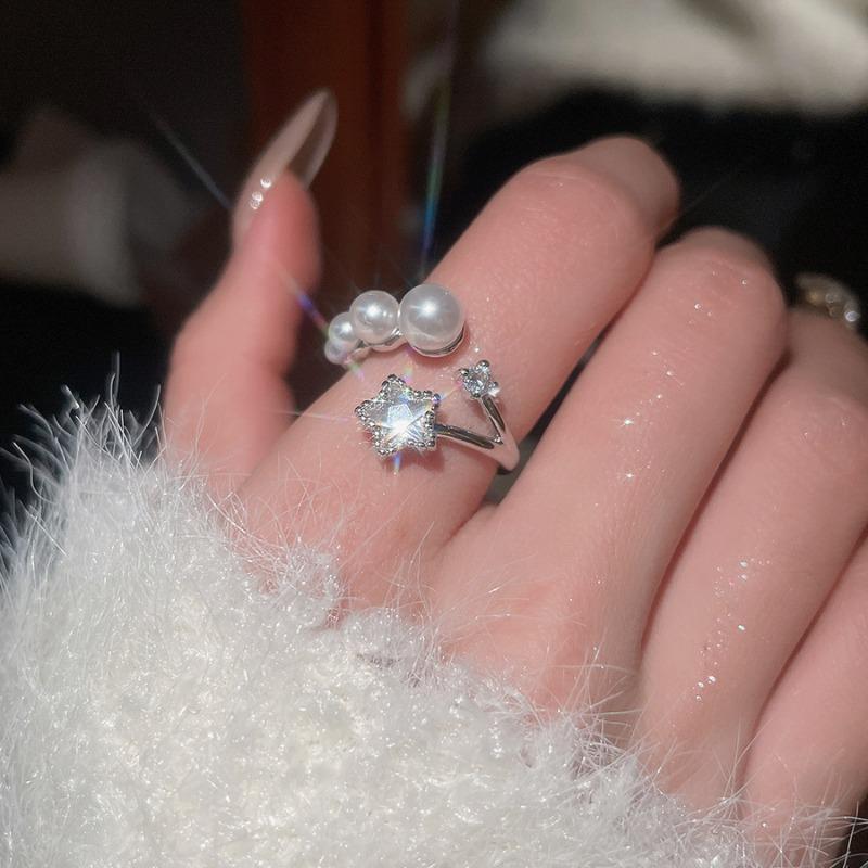 Cold wind zircon pearl opening ring Korean elegant temperament versatile index finger ring light luxury high-end jewelry women