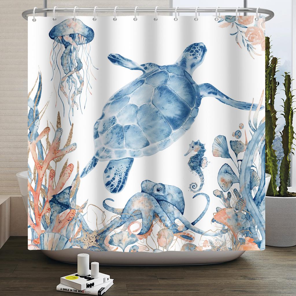 Underwater World Ocean Shower Curtain for Bathroom Seabed Animals Sea Turtle Dolphin Fish Waterproof Bathroom Curtain With Hooks