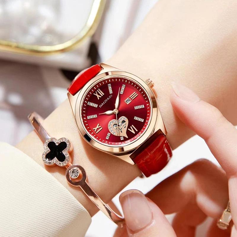 UTHAI Women's Watch Elegant Light Luxury Red Leather Love Waterproof Calendar Ladies Fashion Quartz Watches Valentine's Day Gift