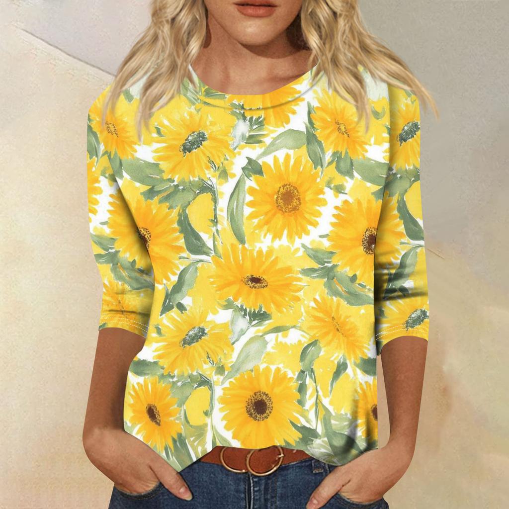 Top T-shirt casual alla moda da donna con scollo rotondo, manica a tre quarti e stampa