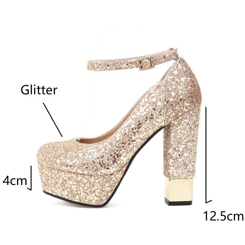 Pailletten Gold Pumps Frauen Bling-Bling Glitter Silber High-Heels Schuhe Dame Dicken Absätzen Plattform Schnalle Schuhe Hochzeit Party