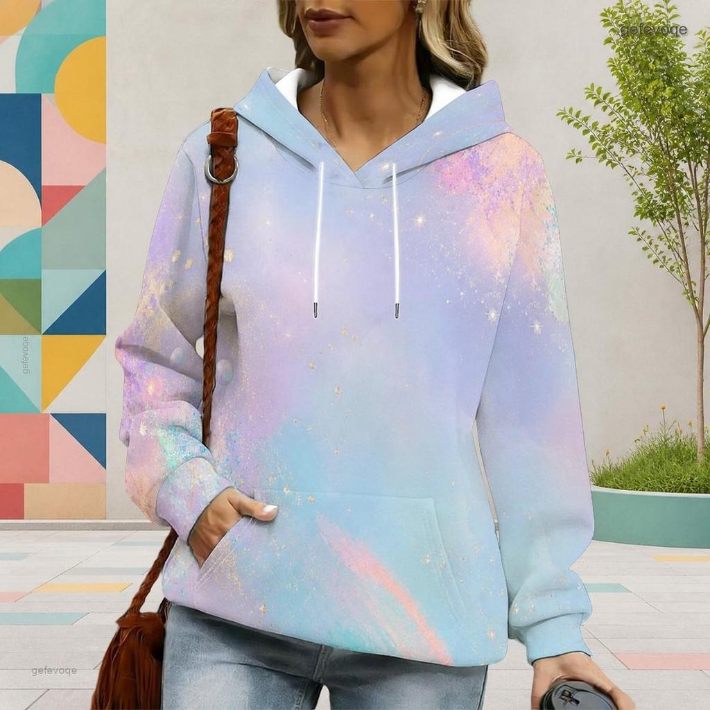 Women Plus Size Long Sleeve Colorful Galaxy Printed Hoodie Pullover With Drawstring Hood Kangaroo Pocket