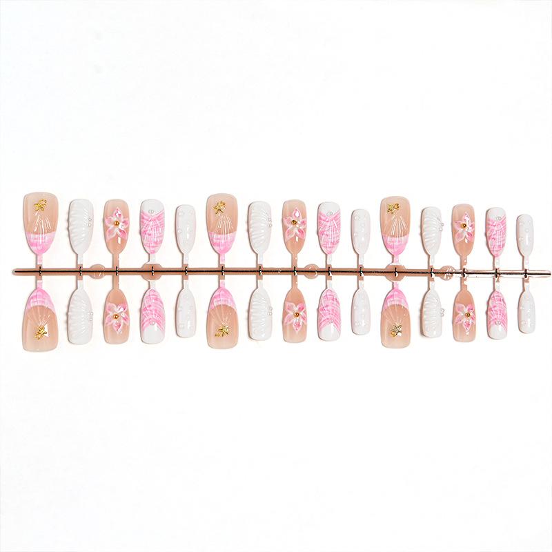 Handmade 3D Flower Almond Wearable False Nails - French Style