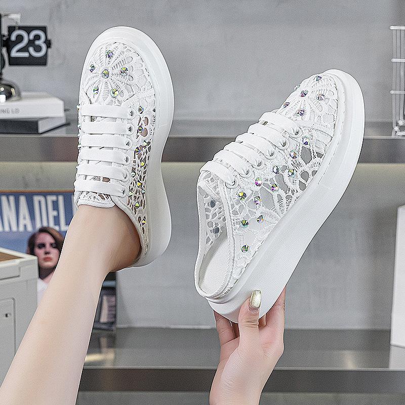 thick-soled lace rhinestone baotou half slippers women's summer new breathable casual sports little white board shoes slippers