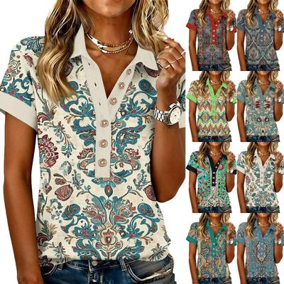 Women's Fashionable and Casual Summer V,neck Patchwork Short,sleeved Retro Print Top