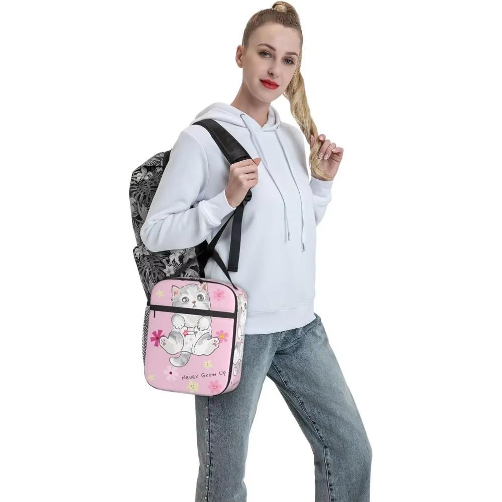 Cute Cat Pink Lunch Bag Reusable Double Leakproof Insulated Lunch Box Cooler Thermal Tote Bag for Work Picnic Travel Camping