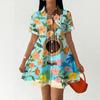 Women Casual Loose Fit Button Front Shirt Dress Hawaiian Print Short Sleeve Collared Summer Dress