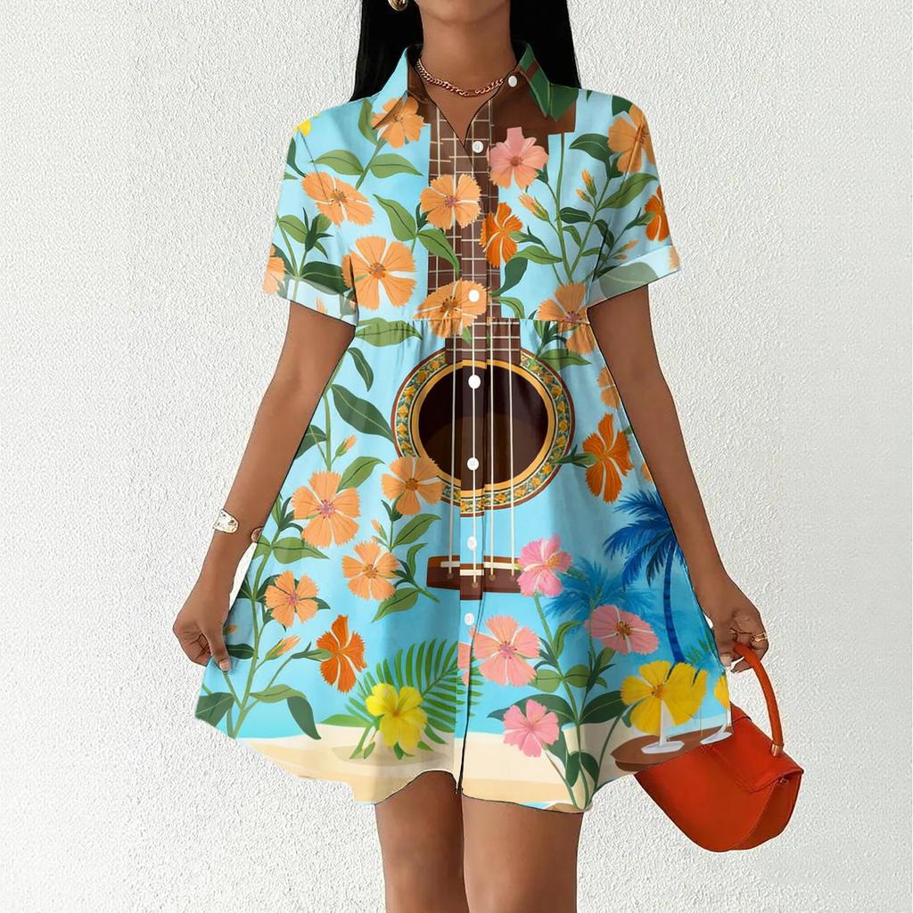 Women Casual Loose Fit Button Front Shirt Dress Hawaiian Print Short Sleeve Collared Summer Dress