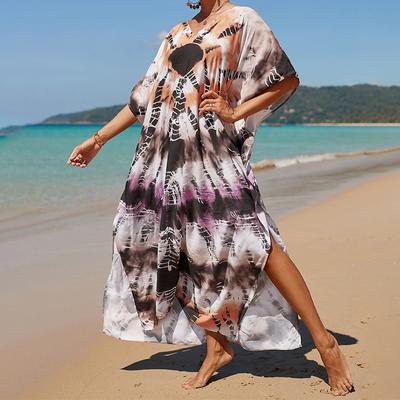 Women's Boho Cover Up, Plus Size Contrast Loose Fit Vacay Beach Kaftan Dress