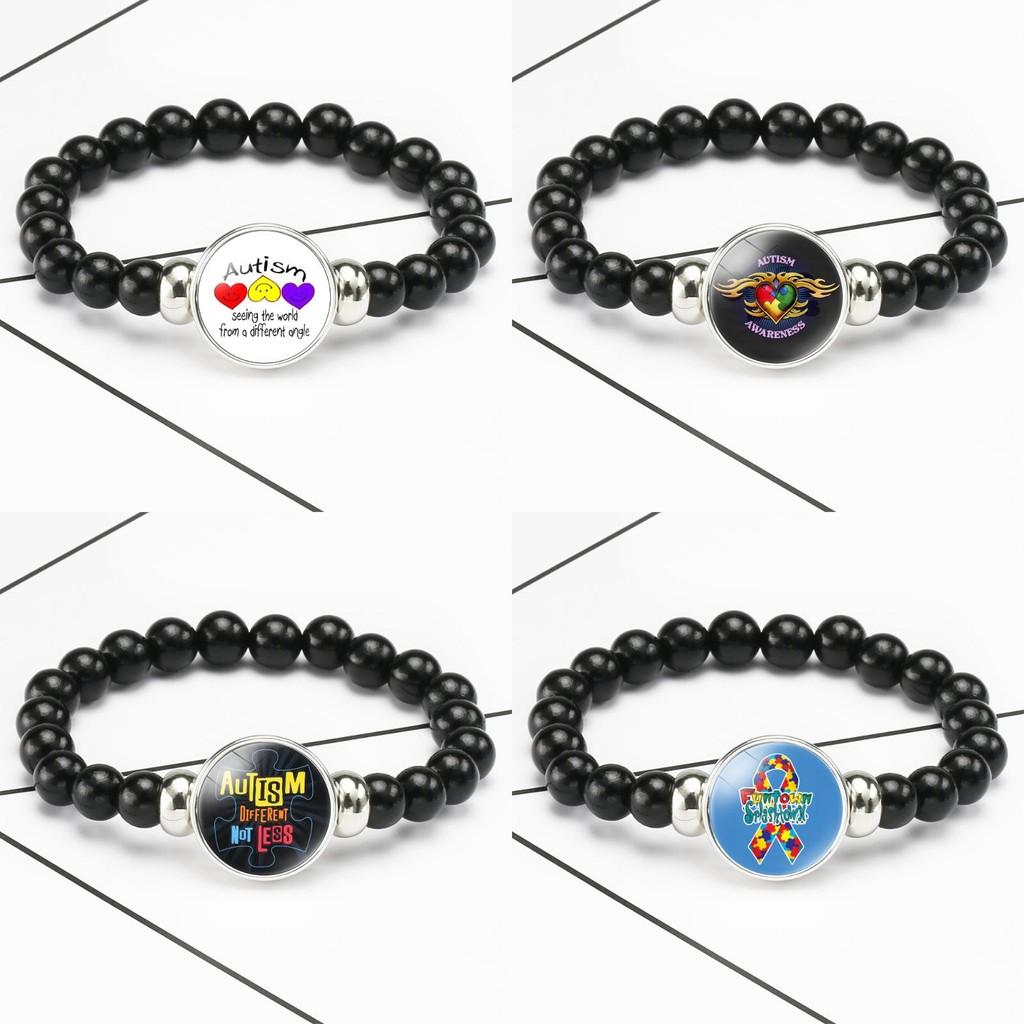 Autism Awareness Charm Bracelet Stretch Cord Beaded Jewelry Mixed Material