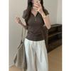 Minimalist Henry Neck Button Slim Fit T-Shirt Front Shoulder Short Sleeve Women's Summer Thin Breathable V-Neck Front Shoulder Bottom Top