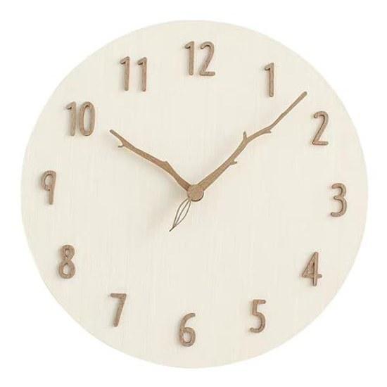 Wall clock wood stylish Nordic silent wall-mounted round frameless cute 12 inches (diameter 30 cm) natural solid panel 3D three-dimensional numbers