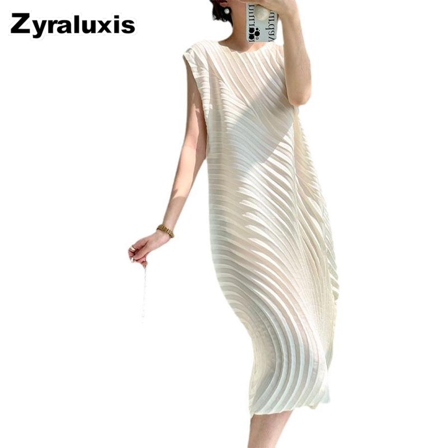 High-quality Miyake-pleated Women's Sleeveless Long Dress with Water-ring Curved Pleats, Versatile for Daily Wear and Commuting, Stylish Design