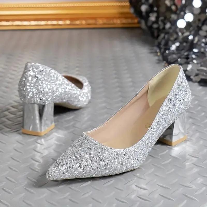Spring and Summer Golden High-heeled Shoes Sequin Women's High-quality Silver Wedding High-heeled Shoes Women's Pumps