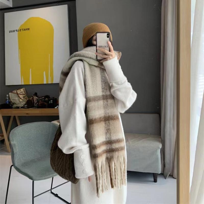 Fashion brand green plaid imitation cashmere scarf women's winter fringed thickened warm scarf high-grade student women