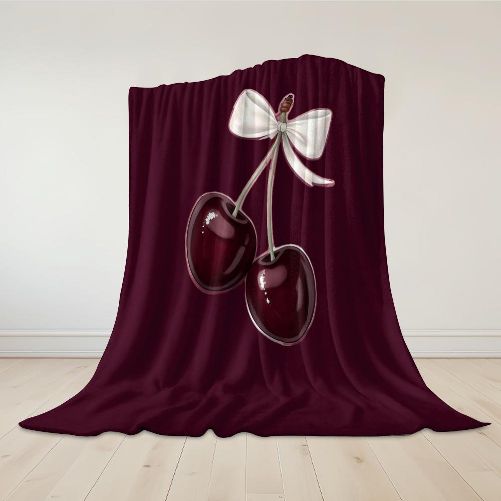 Burgundy Cherry Bow Flannel Blanket Warm Soft Halloween Christmas Couch Warm Cozy Decorative Decor Gift for All Season
