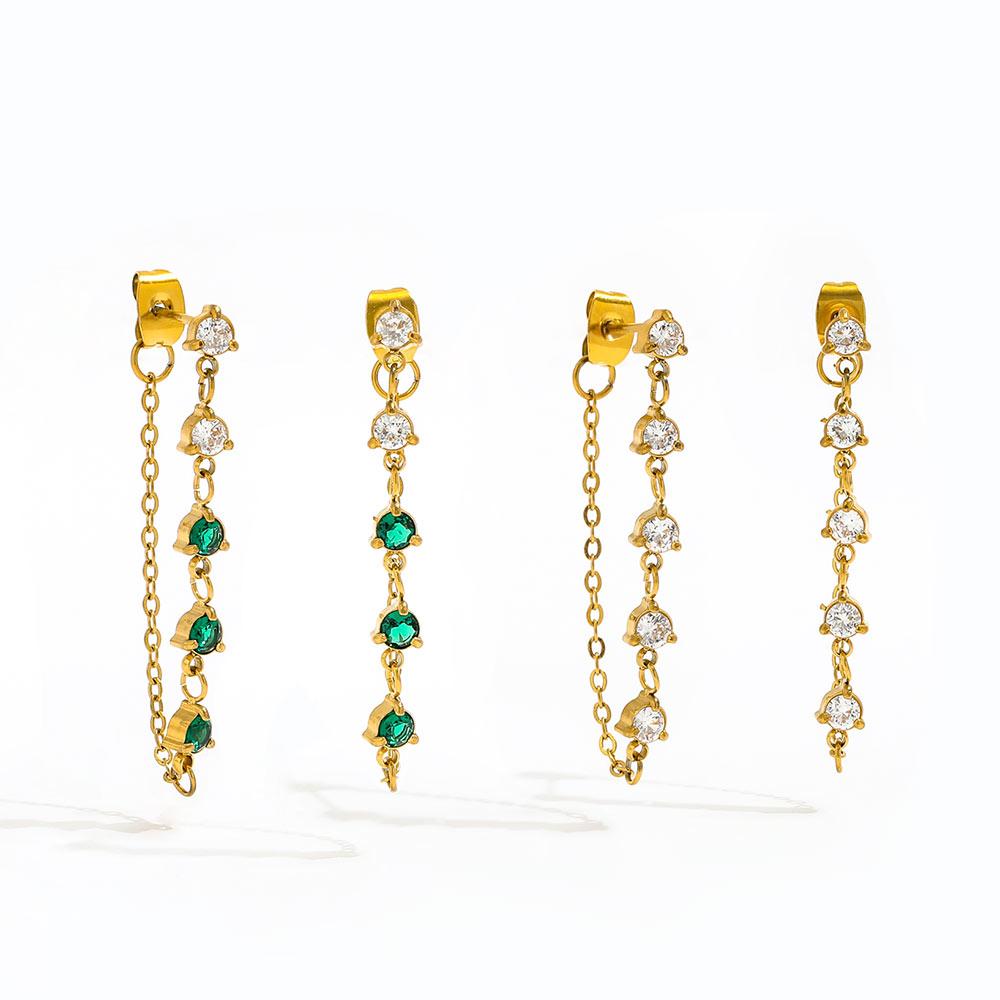 Fenny 18K Gold-plated No Fade Fashion Clear&Green Zirconia Tassel Chain Hoop Earring Trend for Women Ladies Jewelry