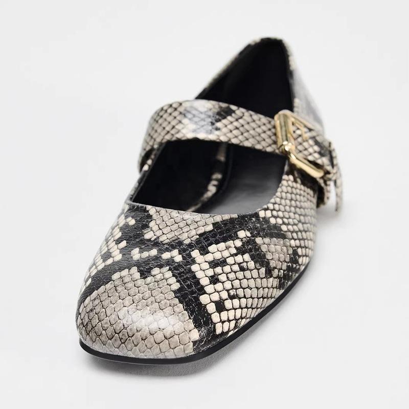 American Style Flat Shoes Women Spring and Autumn New Fashion Square Head Snake Print Line with Mary Jane Single Sh