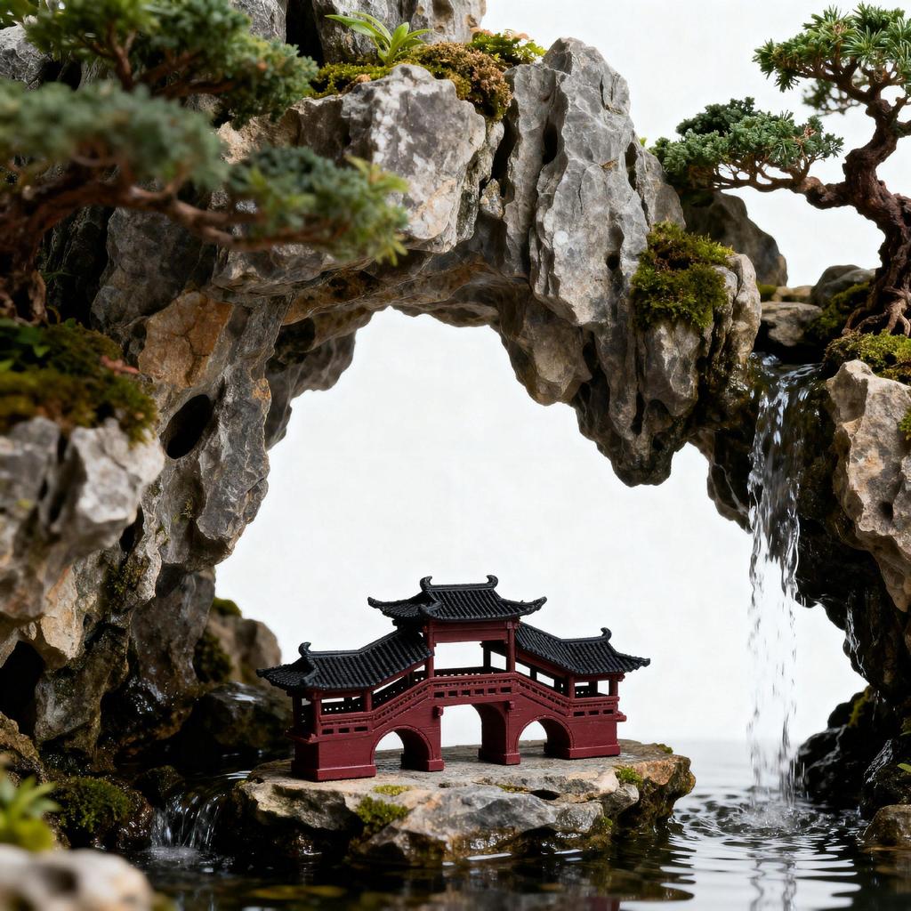 Micro-landscape Bonsai Rockery with Water-absorbing Stone and Ancient Architecture Ornaments