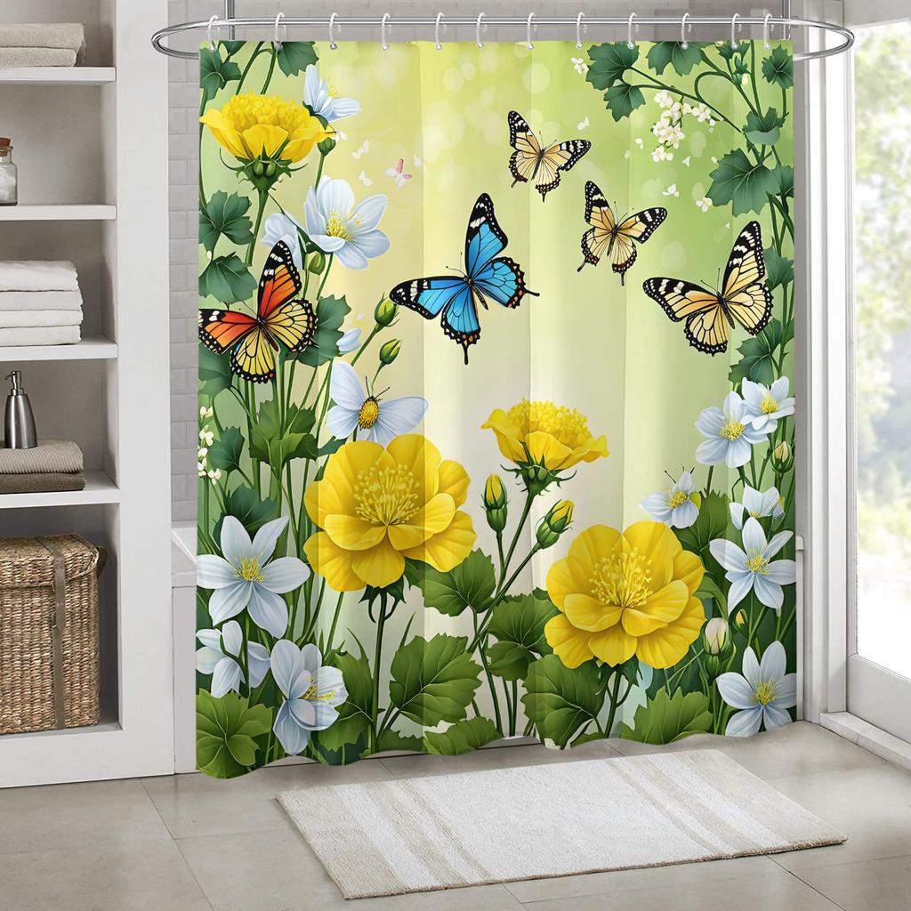 Elegant Butterflies and Yellow Flowers Waterproof Shower Curtain – Perfect for Adding a Vibrant and Natural Touch