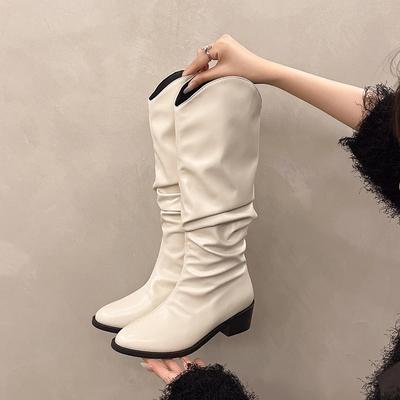 Knee High Mid Heels High Boots Woman New PU Leather Shoes 2024 Trend Fashion Pleated Punk Waterproof Botas Pumps Mujer Zapatos