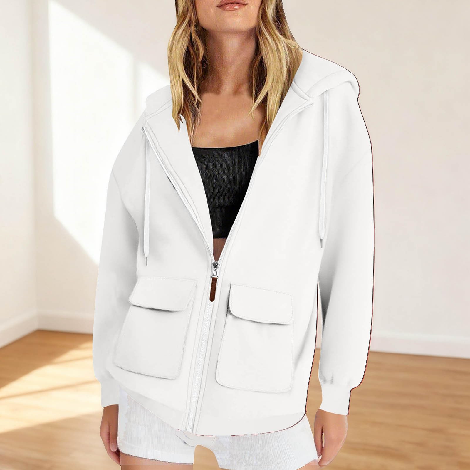 

Женская модная однотонная толстовка с капюшоном, длинными рукавами, повседневная, на молнии, с карманами S белый