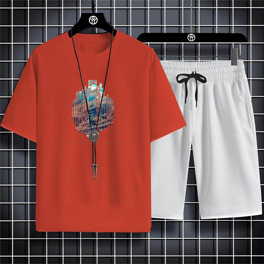 Fashion Four Seasons Casual Sports Style 2d Letter Print Adult Men'S Round Neck Loose Short Sleeve T-Shirt Trouser Set Quick Dry