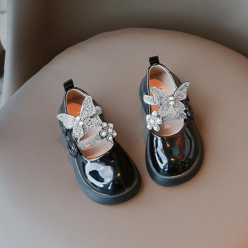 Sweet Princess Kids Leather Shoes Butterfly Rhinestones Cute Round-toe Children Fashion Girls Loafers Versatile Soft Breatheable