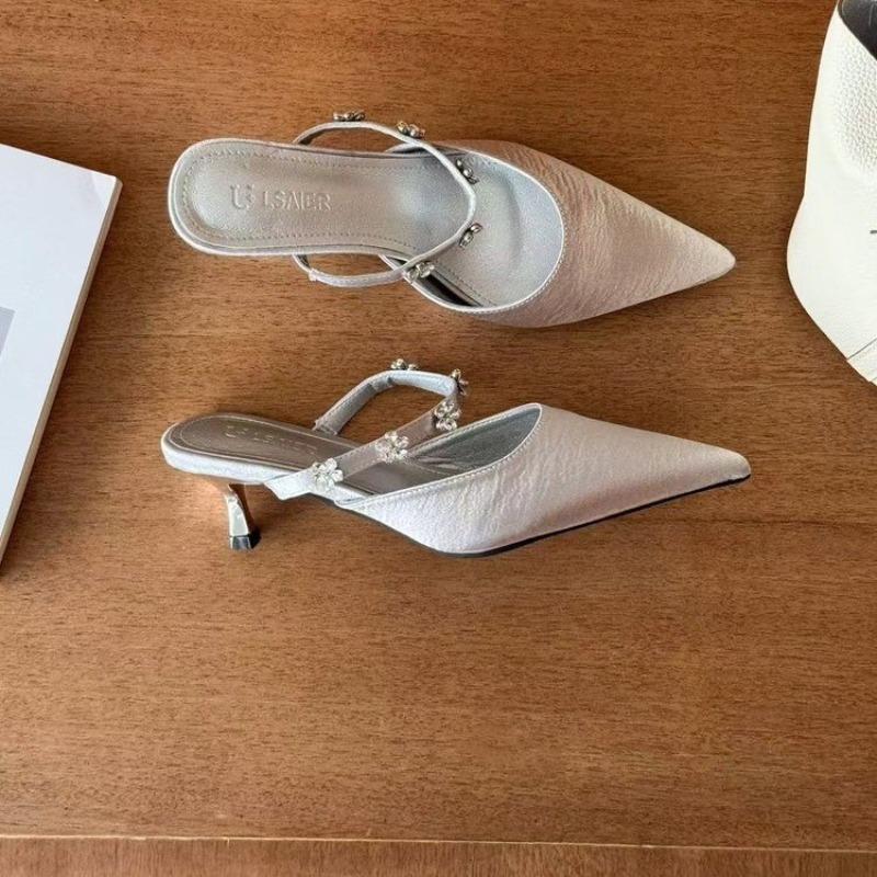 High Quality Satin Heels Women String Bead Sexy Pointed Slide Sandals Elegant Office Designer Shoes Mule Pumps Slippers