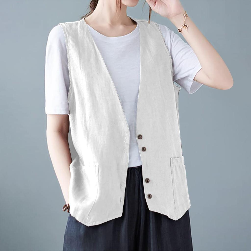 Women's Sleeveless Cotton Linen Vest Button Down V Neck Waistcoat Jacket