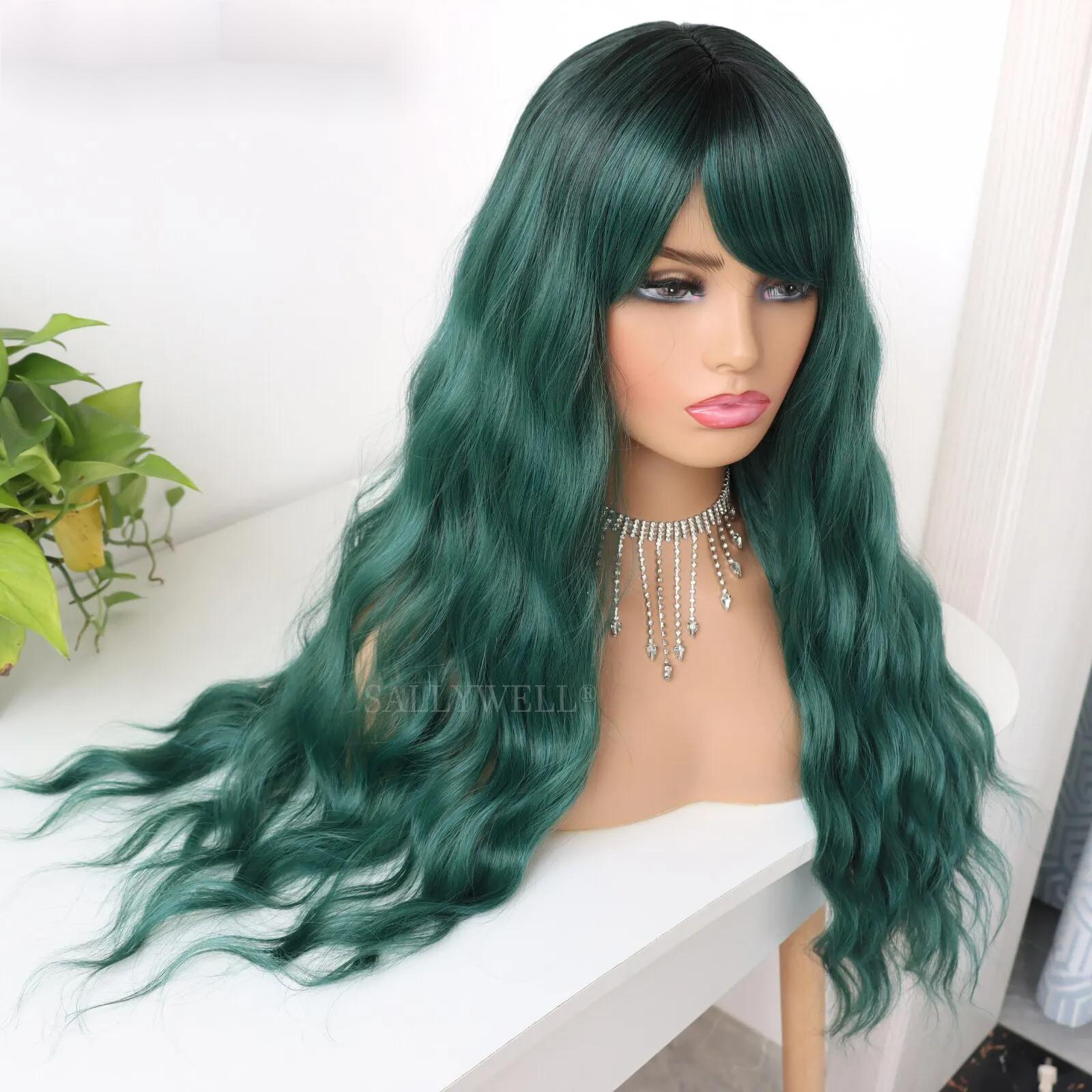 

Длинный волнистый зеленый парик с челкой Термостойкое синтетическое волокно Омбре Темно-зеленый парик Темные корни Свободный вьющийся парик с волнами
