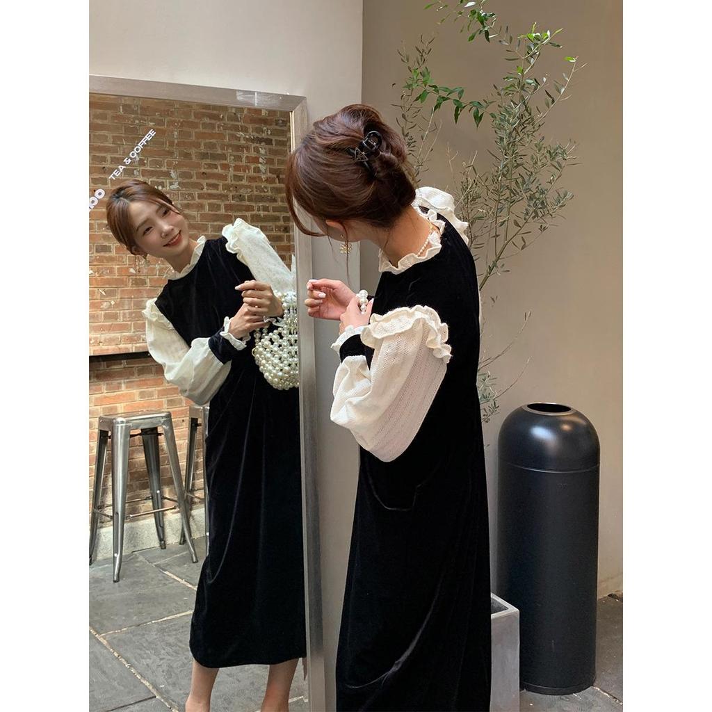 Thirteen Lines Women's Velvet Waist Dress - Autumn/Winter 2022 French Style Long Skirt, Non-Refundable