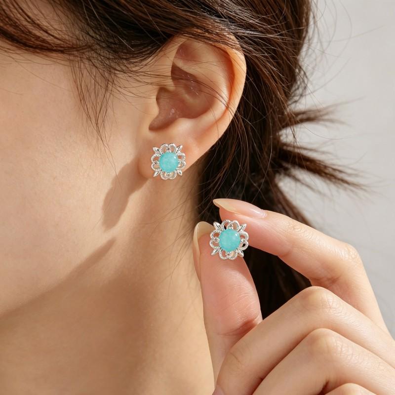 Vintage Floral Hollow Out Earrings Women Sterling Post Studs Boho Chic New Chinese Style Jewelry