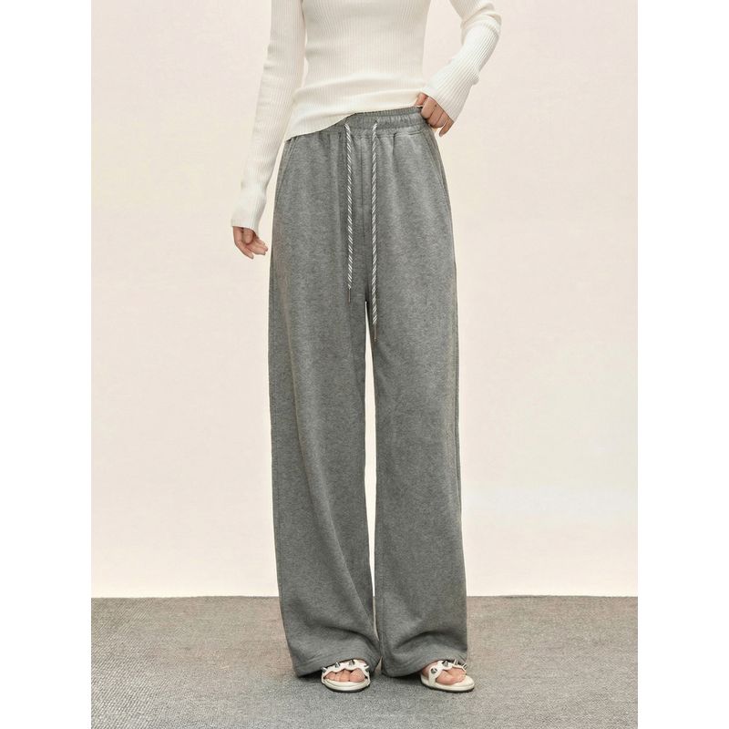 Shiyiyue Sporty Loose Casual Pants for Women, Autumn and Winter Elastic Waist Fleece-Lined Sweatpants with Drawstring, Straight Wide-Leg Long Pants