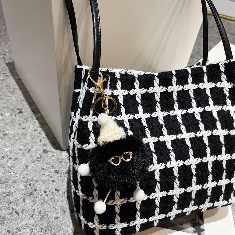 

2023 Клетчатая шерстяная сумка-тоут: Женская универсальная сумка-ведро на плечо, большая вместимость, осень/зима