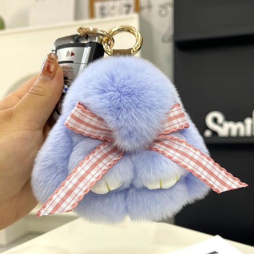 Real Rex Rabbit Hair Bowknot Little Rabbit Car Key Chain Pendant Cute Plush Drop Ear Rabbit Doll Bag Pendant