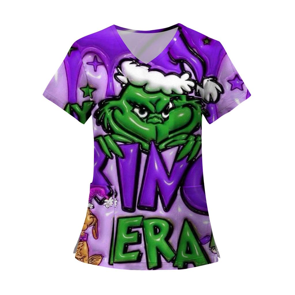 Damenmode Bedruckte Kurzarm-Oberteile mit V-Ausschnitt und Muster, Taschen, Arbeits-T-Shirts