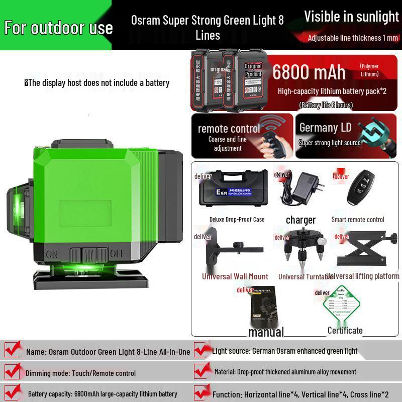 16-Line High-Precision Integrated Laser Level with Infrared & Green Light for Wall & Floor